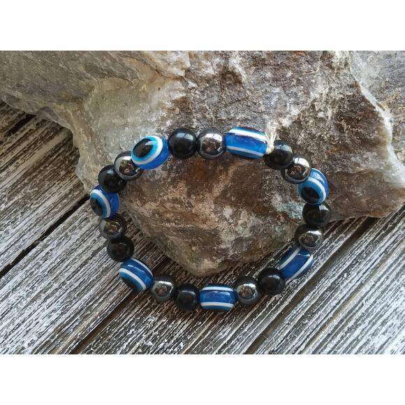 Vintage Black and Blue Glass Bead Bangle Bracelet,  Classic Stacking Bracelets, - Picture 6 of 8